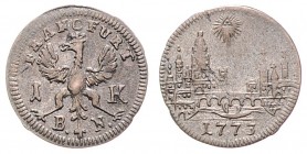 Stadt
Deutschland nach Regionen/Städten und Jahreszahlen geordnet, Frankfurt. 1 Kreuzer, 1773. 0,60g
Schön 36
ss+