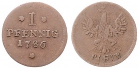Stadt
Deutschland nach Regionen/Städten und Jahreszahlen geordnet, Frankfurt. Pfennig, 1786. 1,85g
ICM 268
ss-