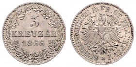 Stadt
Deutschland nach Regionen/Städten und Jahreszahlen geordnet, Frankfurt. 3 Kreuzer, 1866. 1,31g
AKS 24
vz/stgl