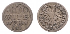 Stadt
Deutschland nach Regionen/Städten und Jahreszahlen geordnet, Goslar. 4 Gute Pfennig, 1668. 0,66g
Buck/Büttner/Kluge 392 A
ss