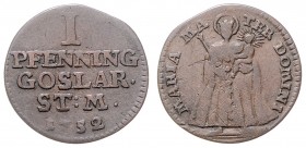 Stadt
Deutschland nach Regionen/Städten und Jahreszahlen geordnet, Goslar. Pfennig, 1752. 1,88g
Schön 28
f.ss