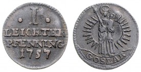 Stadt
Deutschland nach Regionen/Städten und Jahreszahlen geordnet, Goslar. Leichter Pfennig, 1757. 1,24g
Schön 27
f.ss