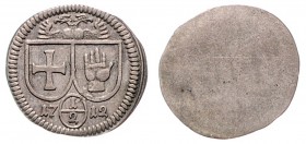 Stadt
Deutschland nach Regionen/Städten und Jahreszahlen geordnet, Hall-Schwaben. 1/2 Kreuzer, 1712. 2,93g
ss+