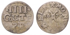Stadt
Deutschland nach Regionen/Städten und Jahreszahlen geordnet, Hameln. 4 Gute Pfennig, 1672. 0,73g
Kalvelage/Schrock 250 var.
s/ss