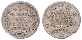 Stadt
Deutschland nach Regionen/Städten und Jahreszahlen geordnet, Hamburg. Schilling, 1726. 1,10g
Schön 21
ss/vz