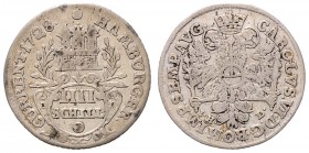 Stadt
Deutschland nach Regionen/Städten und Jahreszahlen geordnet, Hamburg. 4 Schilling, 1728. 0,74g
Schön 23
ss