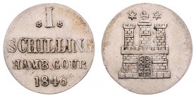 Stadt
Deutschland nach Regionen/Städten und Jahreszahlen geordnet, Hamburg. 1 Schilling, 1840. 0,95g
AKS 18, J. 48b
vz/stgl