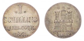 Stadt
Deutschland nach Regionen/Städten und Jahreszahlen geordnet, Hamburg. 1 Schilling, 1841. 1,10g
Jaeger 48a, AKS 17
vz