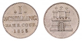 Stadt
Deutschland nach Regionen/Städten und Jahreszahlen geordnet, Hamburg. Schilling, 1855. 1,10g
Jaeger 51b, AKS 21
vz
