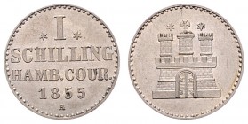 Stadt
Deutschland nach Regionen/Städten und Jahreszahlen geordnet, Hamburg. 1 Schilling, 1855. 1,07g
AKS 29
vz