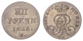 Georg IV. 1820 - 1830
Deutschland nach Regionen/Städten und Jahreszahlen geordnet, Hannover. 4 Pfennig, 1826 B. 0,94g
f.ss