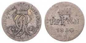 Georg IV. 1820 - 1830
Deutschland nach Regionen/Städten und Jahreszahlen geordnet, Hannover. 4 Pfennig, 1830 B. 0,90g
s/ss