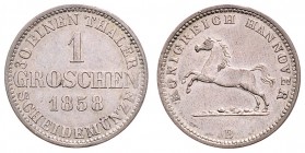 Stadt
Deutschland nach Regionen/Städten und Jahreszahlen geordnet, Hannover. 1 Groschen, 1858 B. 2,10g
vz/stgl