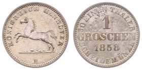 Georg V. 1851 - 1866
Deutschland nach Regionen/Städten und Jahreszahlen geordnet, Hannover. 1 Silber Groschen, 1858. 2,22g
vz/stgl