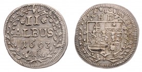 Ernst Ludwig 1678 - 1739
Deutschland nach Regionen/Städten und Jahreszahlen geordnet, Hessen. II Albus, 1693. 2,07g
Schütz 2802.
ss+
