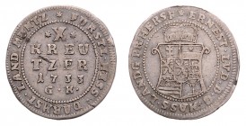 Ernst Ludwig 1678 - 1739
Deutschland nach Regionen/Städten und Jahreszahlen geordnet, Hessen. 10 Kreuzer, 1733. 2,23g
Schön 39.
ss
