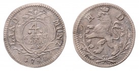 Ludwig VIII. 1739 - 1768
Deutschland nach Regionen/Städten und Jahreszahlen geordnet, Hessen. 4 Kreuzer, 1748. 1,72g
Schön 78
ss