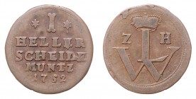 Wilhelm VIII. 1751 - 1760
Deutschland nach Regionen/Städten und Jahreszahlen geordnet, Hessen. 1 Heller, 1752. 2,45g
Schön 84
f.ss