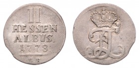 Friedrich II. 1760 - 1785
Deutschland nach Regionen/Städten und Jahreszahlen geordnet, Hessen. II Albus, 1778. 2,74g
Schön 132
ss