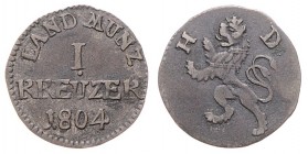Ludwig X. 1790 - 1806
Deutschland nach Regionen/Städten und Jahreszahlen geordnet, Hessen. 1 Kreuzer, 1804. 0,50g
Schön 128
f.ss/ss