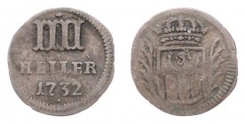 Friedrich I. von Schweden 1730 - 1751
Deutschland nach Regionen/Städten und Jahreszahlen geordnet, Hessen-Kassel. 4 Heller, 1732. 0,38g
Schön 50
ss