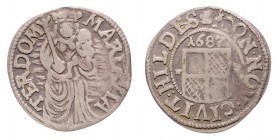 Stadt
Deutschland nach Regionen/Städten und Jahreszahlen geordnet, Hildesheim. 1 Mariengroschen, 1687. 0,91g
s/f.ss