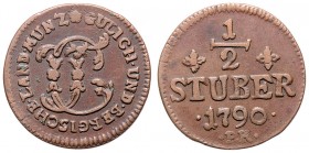 Karl Theodor 1742 - 1799
Deutschland nach Regionen/Städten und Jahreszahlen geordnet, Jülich-Berg. 1/2 Stüber, 1790. 6,86g
Schön 58
ss
