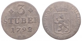 Karl Theodor 1742 - 1799
Deutschland nach Regionen/Städten und Jahreszahlen geordnet, Jülich-Berg. 3 Stüber, 1792. 1,59g
s/ss