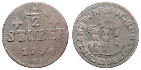 Karl Theodor 1742 - 1799
Deutschland nach Regionen/Städten und Jahreszahlen geordnet, Jülich-Berg. 1/2 Stüber, 1794. 4,85g
f.ss
