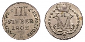 Maximilian Joseph von Bayern 1799 - 1806
Deutschland nach Regionen/Städten und Jahreszahlen geordnet, Jülich-Berg. 3 Stüber, 1802. 1,89g
Jaeger 161
f....