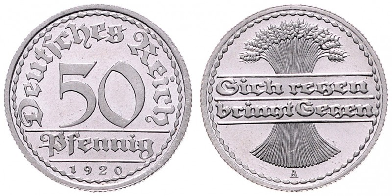 Kursmünzen
Weimarer Republik 1919 - 1933. 50 Pfennig, 1920 A. Berlin
1,67g
Jaege...