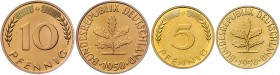 Kursmünzen
Bundesrepublik Deutschland seit 1949. 5 + 10 Pfennig, 1950 G. 3,00g , 4,13g
Jaeger 382/383.
PP