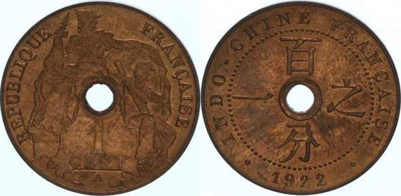 Französische Kolonie
Französisch Indo China. 1 Cent, 1922. 5,07g
KM 12.1
stgl