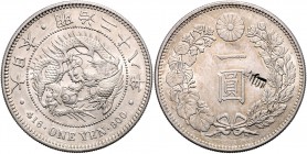 Mutsuhito 1867 - 1912
Japan. 1 Yen, Jahr 28 (1895). mit Gegenstempel von China.
27,00g
KM --.
f.stgl
