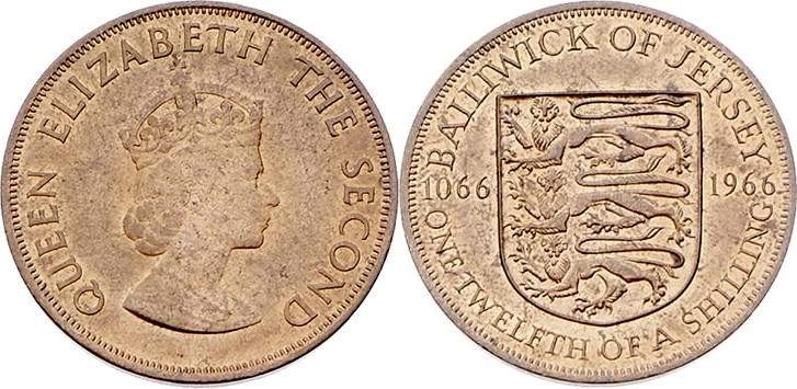 Elisabeth II. 1952 - heute
Jersey. 1/12 Shilling, 1966. Heaton
2,41g
KM 26
stgl