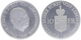 Franz II. Joseph Fürst von Liechtenstein 1938 - 1990
Liechtenstein. 10 Franken, 1988. 50 Jahre Fürst
30,03g
KM Y20
PP