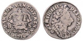 Frederik IV. 1699 - 1730
Norwegen. 8 Skilling, 1714. 2,00g
Ahlström 35
ss