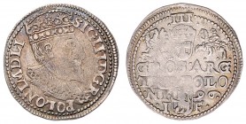 Sigismund III. Wasa 1587 - 1632
Polen. 3 Gröscher, 1596. 2,41g
Gum. 1035
ss