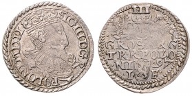 Sigismund III. Wasa 1587 - 1632
Polen. 3 Gröscher, 1597. 2,39g
Gum. 1054
ss+