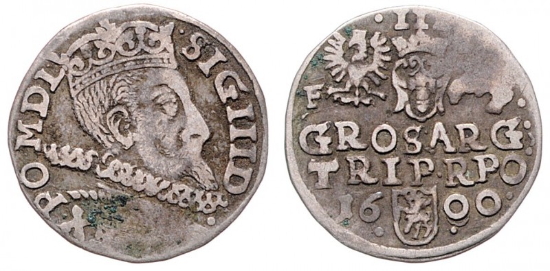 Sigismund III. Wasa 1587 - 1632
Polen. 3 Gröscher, 1600. 2,20g
Gum. 1106
f.ss