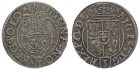 Sigismund III. Wasa 1587 - 1632
Polen. 3 Pölker / Dreipölker, 1625. 1,19g
Gumowski 975
ss