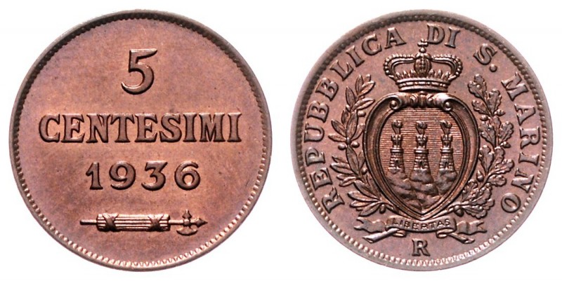 Republik
San Marino, Republik 1917 - heute. 5 Centesimi, 1936 R. Rom
3,27g
KM 12...