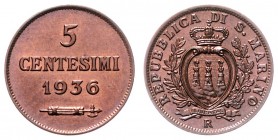 Republik
San Marino, Republik 1917 - heute. 5 Centesimi, 1936 R. Rom
3,27g
KM 12
stgl