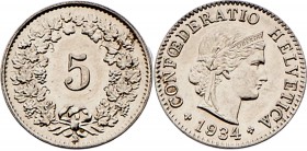 Eidgenossenschaft
Schweiz, Republik. 5 Rappen, 1934 B. Bern
2,02g
KM 26b, SCC 39005
win. Kr.
stgl