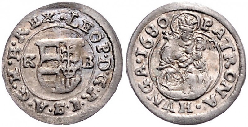 Leopold I. 1657 - 1705
Denar, 1680 KB. Kremnitz
0,56g
Her. 1692
stgl