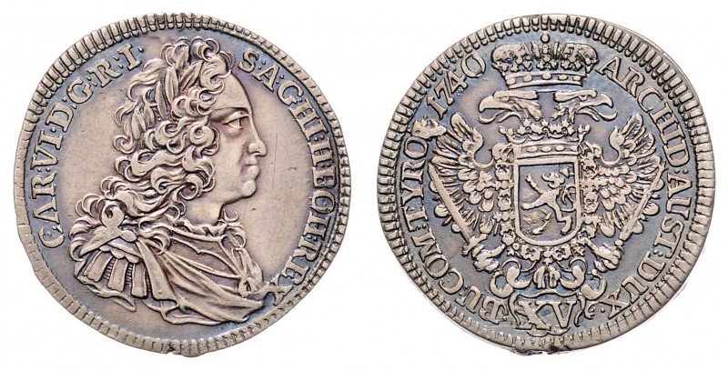 Karl VI. 1711 - 1740
XV Kreuzer, 1740. Prag
6,41g
Her. 646
Schrötlingsfehler am ...