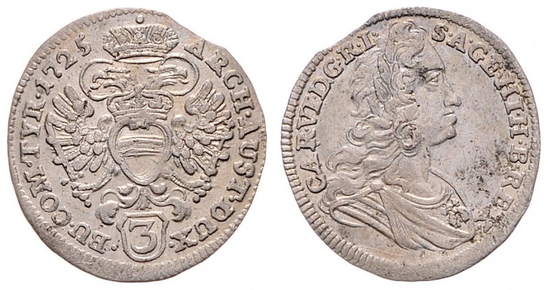 Karl VI. 1711 - 1740
3 Kreuzer, 1725. Wien
1,50g
Her. 823
ss