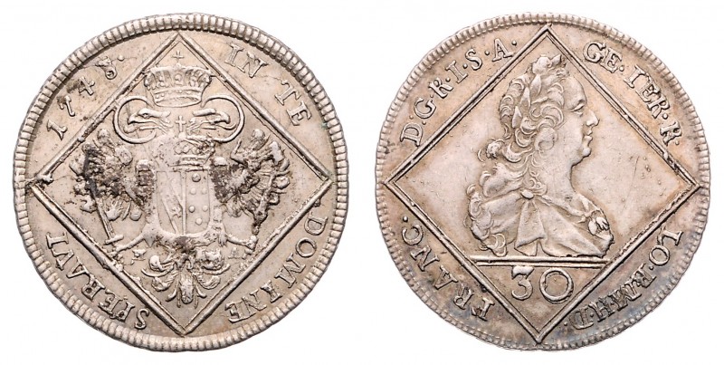 Franz I. Stephan 1745 - 1765
30 Kreuzer, 1748 H-A. Hall
7,03g
Her. 245
ss/vz