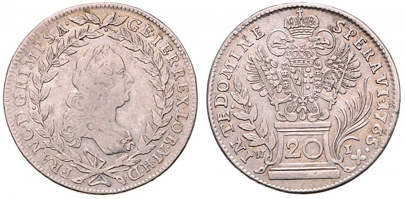 Franz I. Stephan 1745 - 1765
20 Kreuzer, 1765 W-I. Wien
6,57g
Her. 268
ss