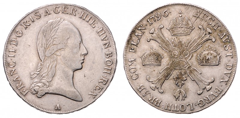 Franz II. 1792 - 1806
Kronentaler, 1796 A. Wien
29,38g
Her. 463
ss